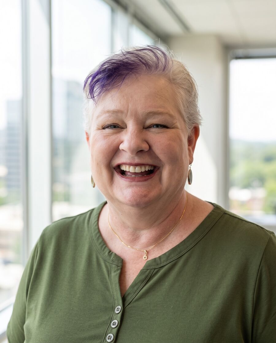 Robin Joy Olson laughing in front of tall windows with a city skyline and trees visible outside.